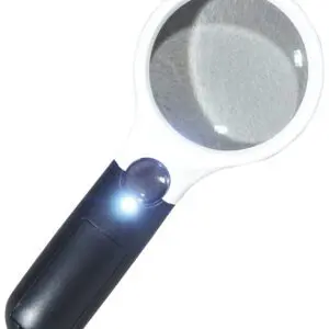 The Eagle Handheld Magnifier with LED Light features a black handle and a built-in LED, shown here illuminated.