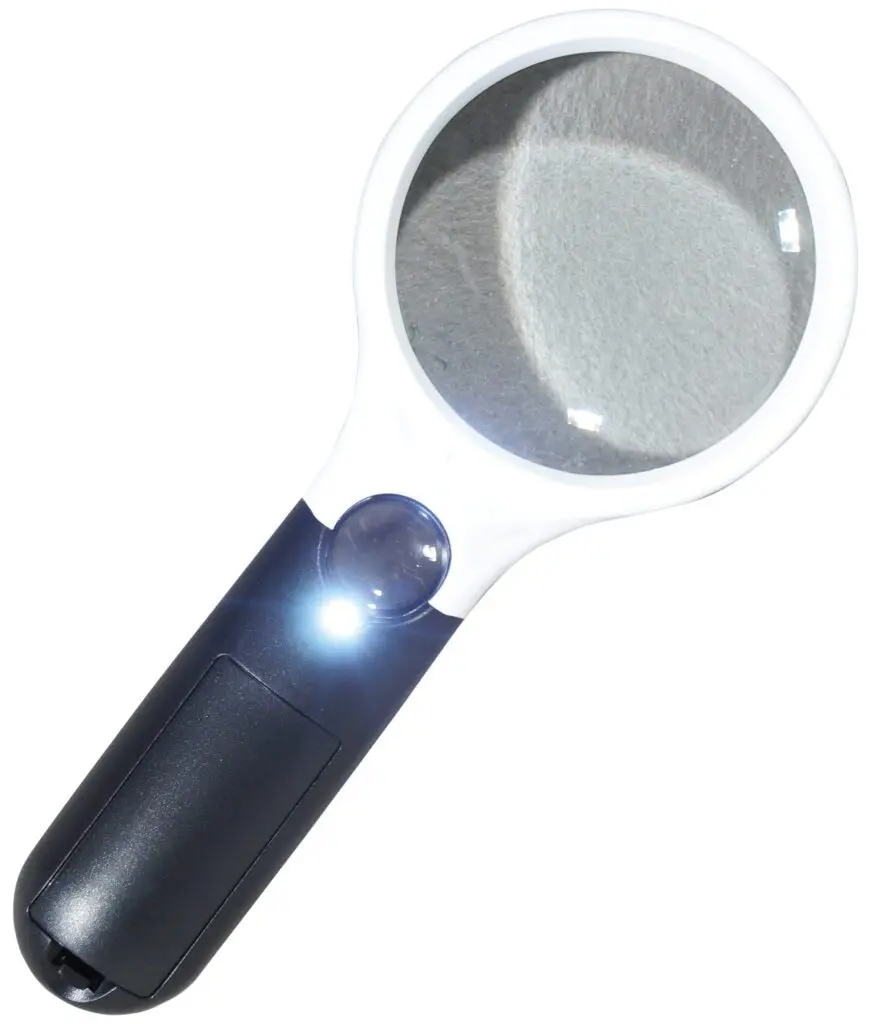 The Eagle Handheld Magnifier with LED Light features a black handle and a built-in LED, shown here illuminated.