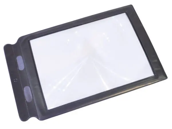 The Sheet Magnifier is a rectangular handheld magnifying sheet with a black frame for enlarging text or images, shown on a white background.