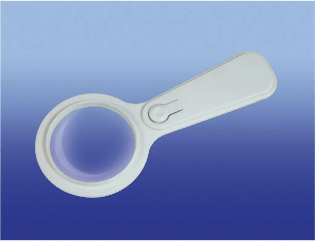 The Handheld Magnifier with Light, made from white plastic, is displayed against a blue gradient background.