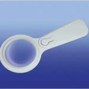 The Handheld Magnifier with Light, made from white plastic, is displayed against a blue gradient background.