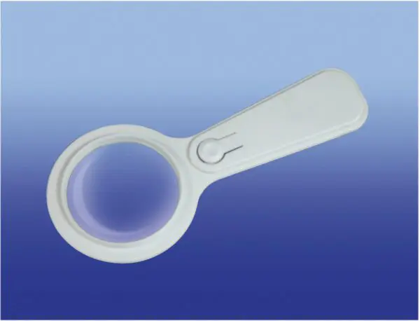 The Handheld Magnifier with Light, made from white plastic, is displayed against a blue gradient background.