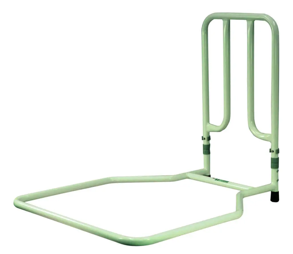 The Solo Bed Transfer Aid is a white metal assist rail with a rectangular frame and vertical handles, designed to help users get in and out of bed safely.