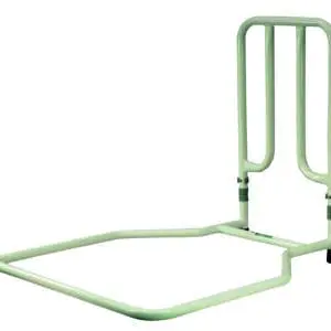 The Solo Bed Transfer Aid is a white metal assist rail with a rectangular frame and vertical handles, designed to help users get in and out of bed safely.