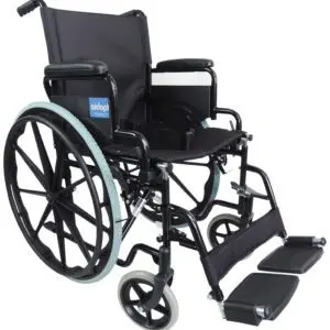 The Aidapt Self Propelled Steel Transit Chair is a black manual wheelchair featuring large rear wheels, smaller front wheels, armrests, and footrests.