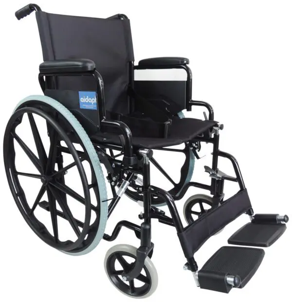 The Aidapt Self Propelled Steel Transit Chair is a black manual wheelchair featuring large rear wheels, smaller front wheels, armrests, and footrests.
