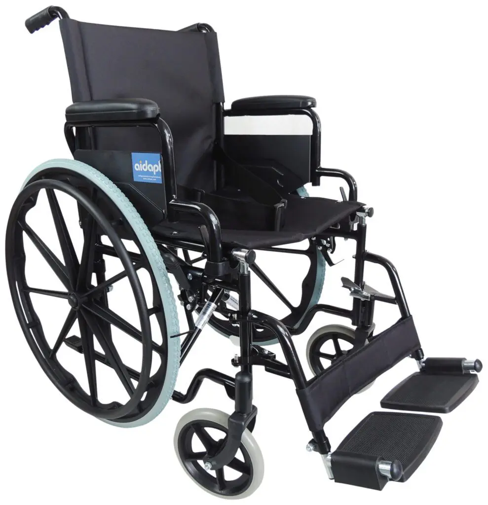The Aidapt Self Propelled Steel Transit Chair is a black manual wheelchair featuring large rear wheels, smaller front wheels, armrests, and footrests.