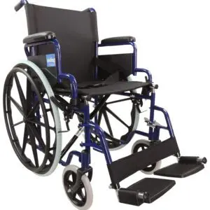 The Aidapt Self Propelled Steel Transit Chair is a blue and black manual wheelchair with large rear wheels, smaller front wheels, armrests, and footrests shown on a white background.