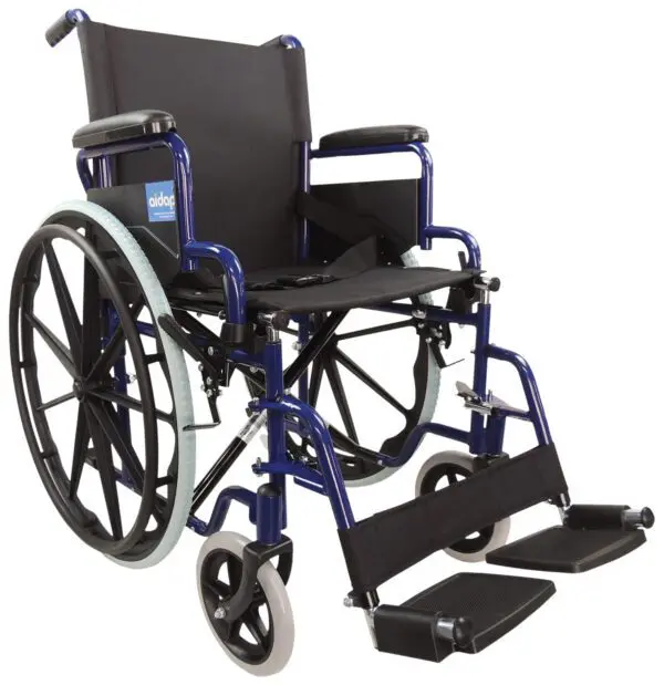 The Aidapt Self Propelled Steel Transit Chair is a blue and black manual wheelchair with large rear wheels, smaller front wheels, armrests, and footrests shown on a white background.