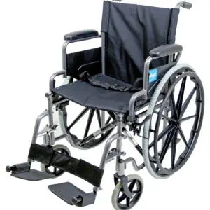 The Aidapt Self-Propelled Steel Transit Chair features large rear wheels, small front wheels, footrests, and a black fabric seat and backrest.