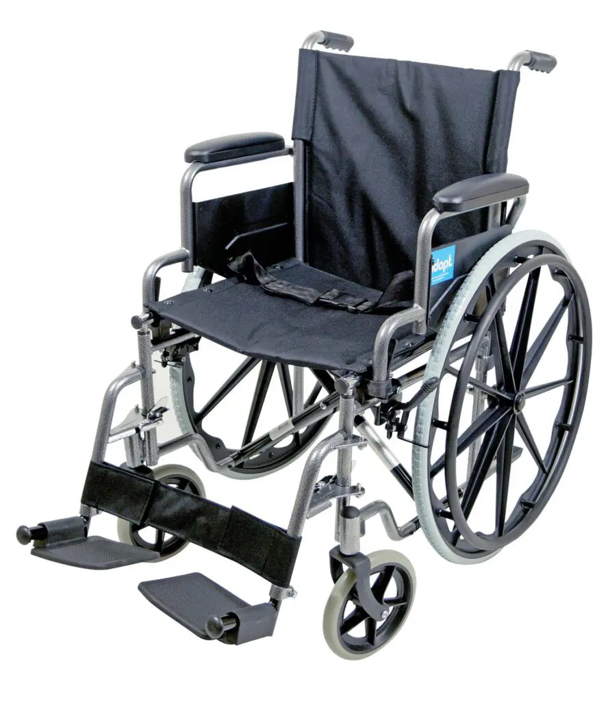The Aidapt Self-Propelled Steel Transit Chair features large rear wheels, small front wheels, footrests, and a black fabric seat and backrest.