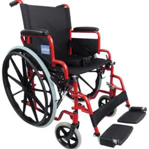 The Aidapt Self-Propelled Steel Transit Chair is a red and black manual wheelchair featuring large rear wheels, padded armrests, footrests, and a fabric seat and backrest.