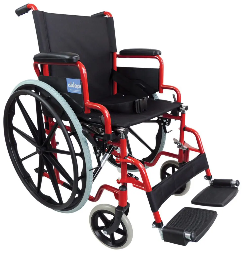 The Aidapt Self-Propelled Steel Transit Chair is a red and black manual wheelchair featuring large rear wheels, padded armrests, footrests, and a fabric seat and backrest.