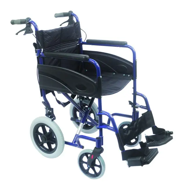 A blue lightweight manual wheelchair with black armrests, footrests, large rear wheels, and push handles.