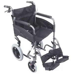 A lightweight, folding manual wheelchair with footrests, large rear wheels, and push handles, positioned on a plain white background.