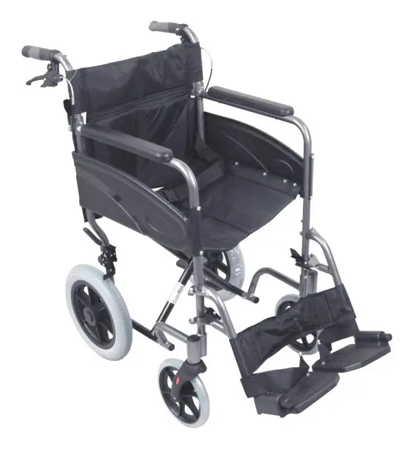 A lightweight, folding manual wheelchair with footrests, large rear wheels, and push handles, positioned on a plain white background.
