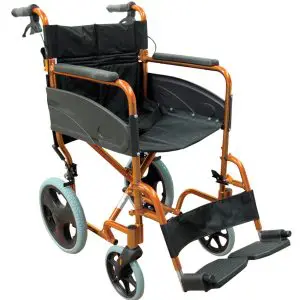A lightweight transport wheelchair with a black seat, orange frame, large rear wheels, and footrests.