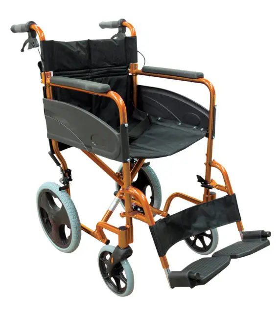 A lightweight transport wheelchair with a black seat, orange frame, large rear wheels, and footrests.