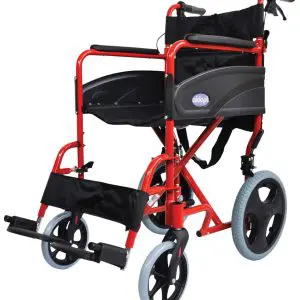 A red and black lightweight transport wheelchair with large rear wheels, hand brakes, footrests, and a padded seat and backrest.
