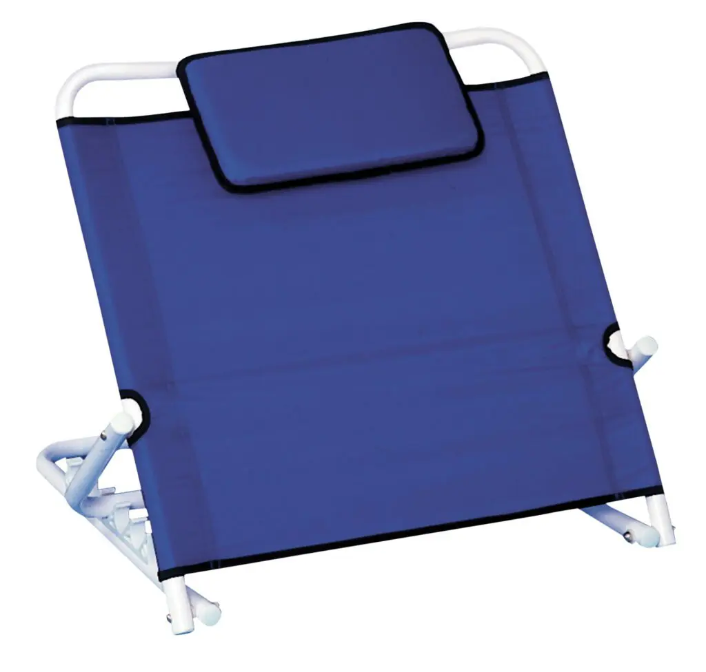 The Birling Bed Back Rest features a blue adjustable backrest with pillow, supported by a white metal frame, ideal for reclining or sitting up comfortably on any flat surface.