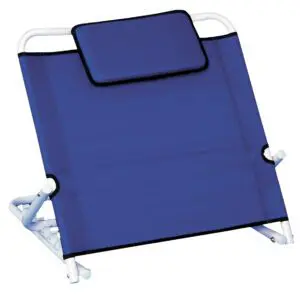 The Birling Bed Back Rest features a blue adjustable backrest with pillow, supported by a white metal frame, ideal for reclining or sitting up comfortably on any flat surface.