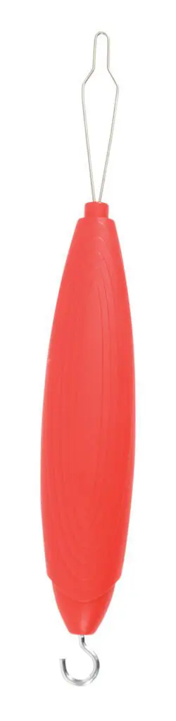 The Plastic Handle Button Hook Zip is a tool with a red plastic handle, featuring a metal wire loop on one end and a metal hook on the other, isolated on a white background.