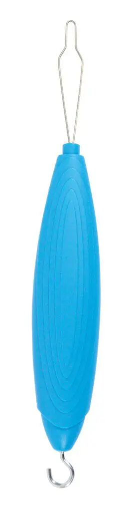 The Plastic Handle Button Hook Zip is a blue plastic-handled tool with a metal wire loop on one end and a metal hook on the other, ideal for threading buttons or assisting with zips in crafts or sewing.