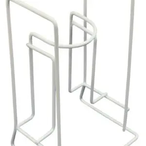The Rigid Sock & Stocking Helper is a white metal wire stand designed to hold and support socks or stockings for easier application.