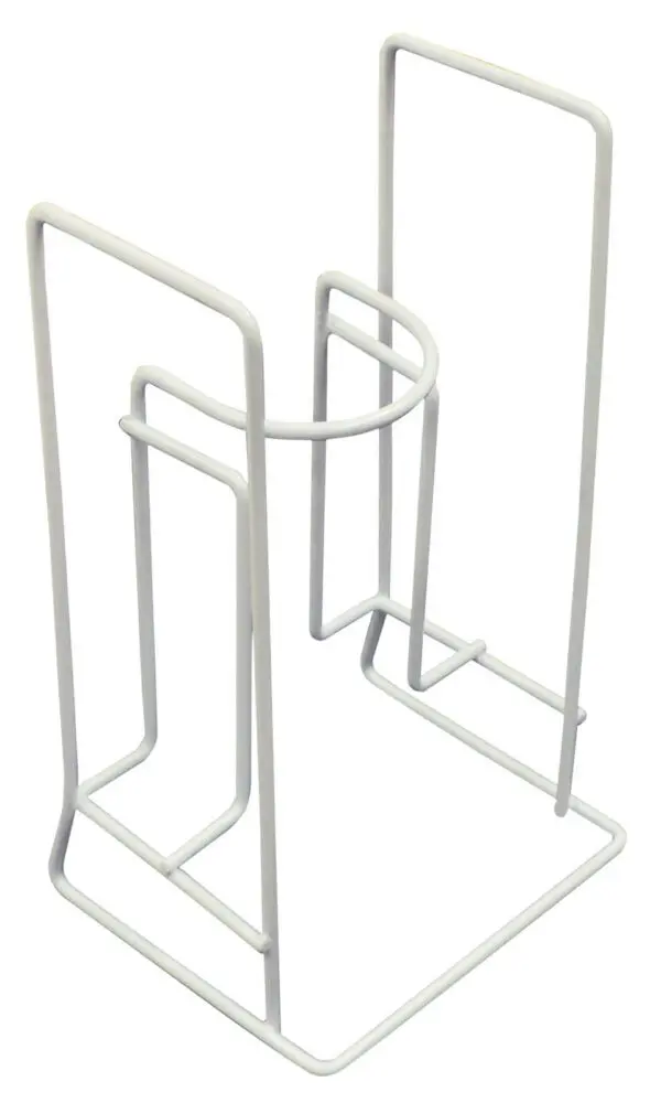 The Rigid Sock & Stocking Helper is a white metal wire stand designed to hold and support socks or stockings for easier application.