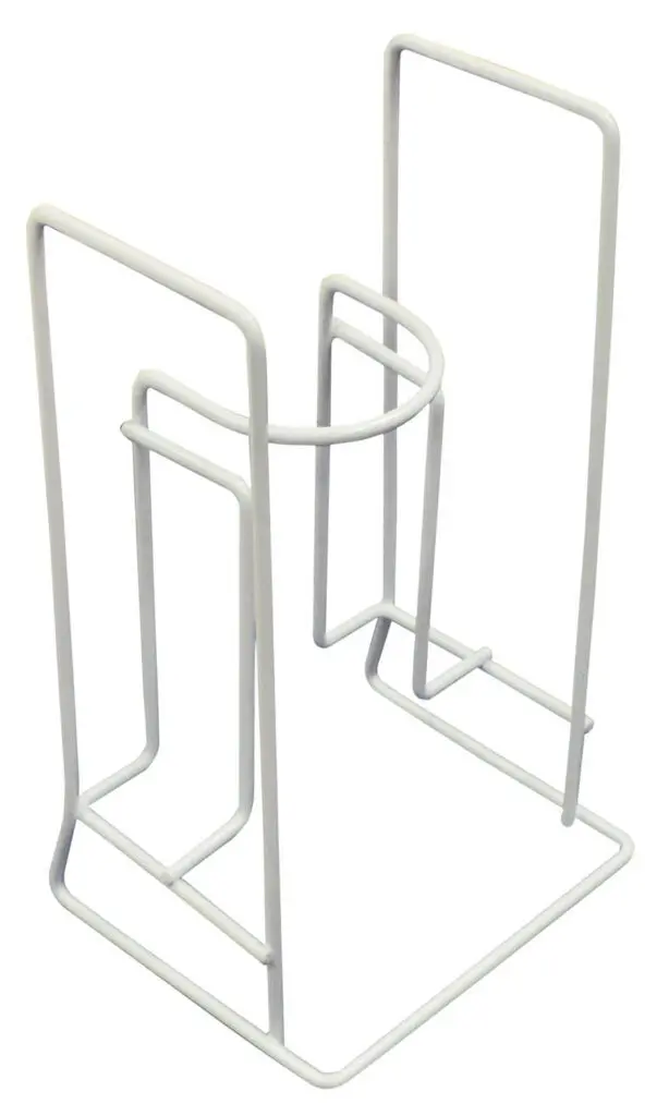 The Rigid Sock & Stocking Helper is a white metal wire stand designed to hold and support socks or stockings for easier application.