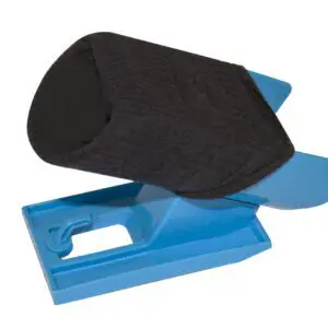 The Sock Aid Slider is a blue plastic slip-on shoe aid with a black fabric cradle designed to help users slide shoes onto their feet more easily.