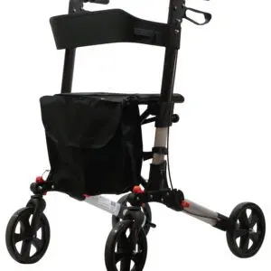 A lightweight, four-wheeled rollator with a black frame, side handles, a storage pouch, and a seat.