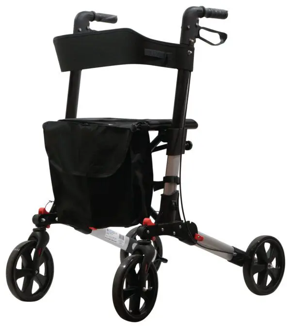 A lightweight, four-wheeled rollator with a black frame, side handles, a storage pouch, and a seat.