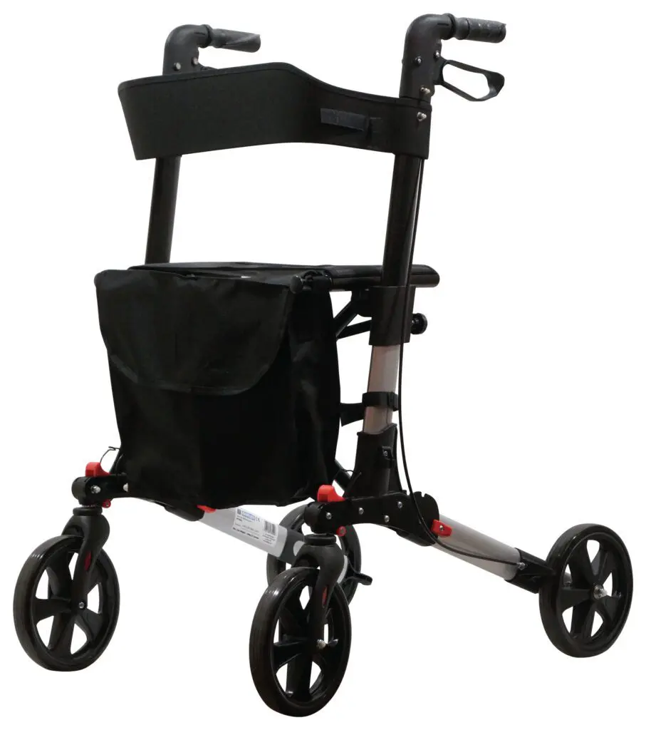 A lightweight, four-wheeled rollator with a black frame, side handles, a storage pouch, and a seat.