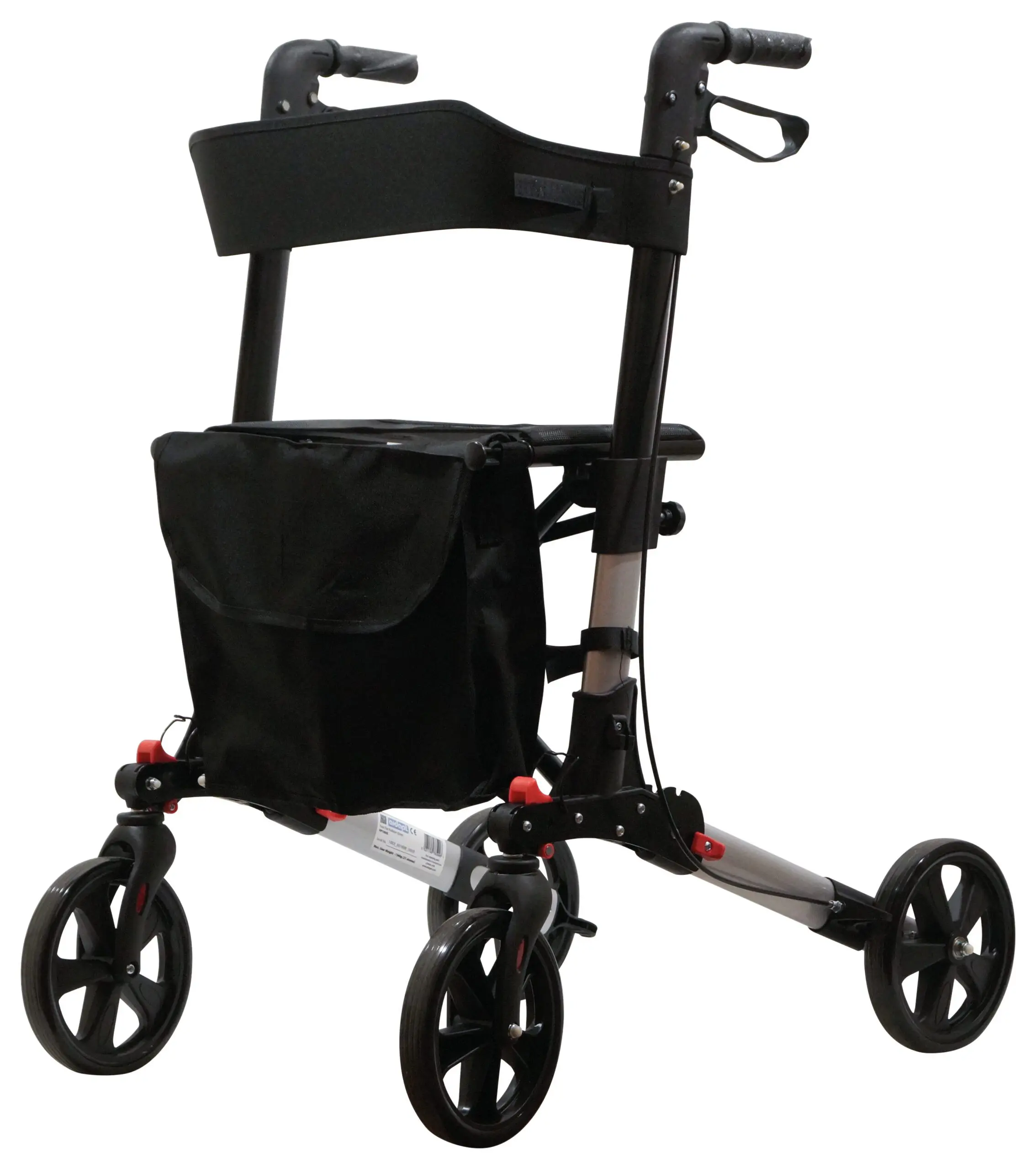 A lightweight, four-wheeled rollator with a black frame, side handles, a storage pouch, and a seat.