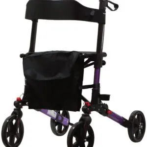A black and purple rollator with four wheels, handlebars, a seat, and a storage pouch beneath the seat.