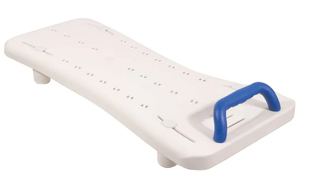 The Width Adjustable Bath Board with Integral Handle is a white plastic board with drainage holes, four adjustable feet, and a blue handle at one end.