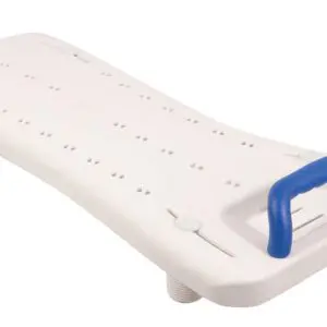 The Width Adjustable Bath Board with Integral Handle is a white plastic board with drainage holes, four adjustable feet, and a blue handle at one end.
