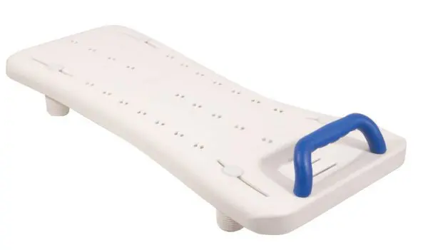 The Width Adjustable Bath Board with Integral Handle is a white plastic board with drainage holes, four adjustable feet, and a blue handle at one end.