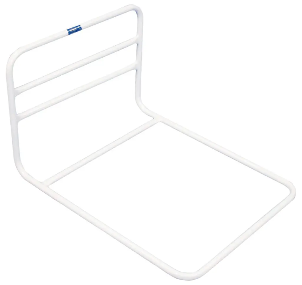 The Solo Bed Rail is a white metal support frame with a flat base and upright bars, designed to keep bedding off sensitive feet or legs whilst in bed.