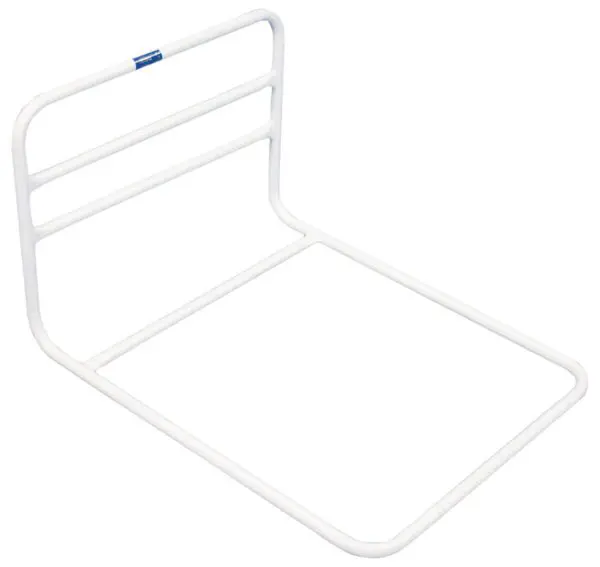 The Solo Bed Rail is a white metal support frame with a flat base and upright bars, designed to keep bedding off sensitive feet or legs whilst in bed.
