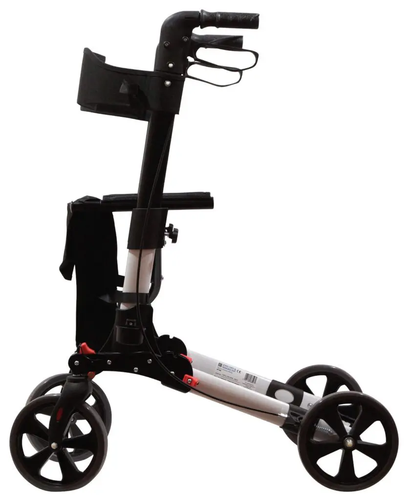 A black and silver rollator with four large wheels, a handlebar, a storage pouch, and a basket tray, shown from the side.