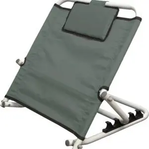 The Birling Bed Back Rest features a green fabric and white metal frame, a padded headrest, and an adjustable design for comfortable reclining support.