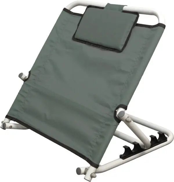 The Birling Bed Back Rest features a green fabric and white metal frame, a padded headrest, and an adjustable design for comfortable reclining support.