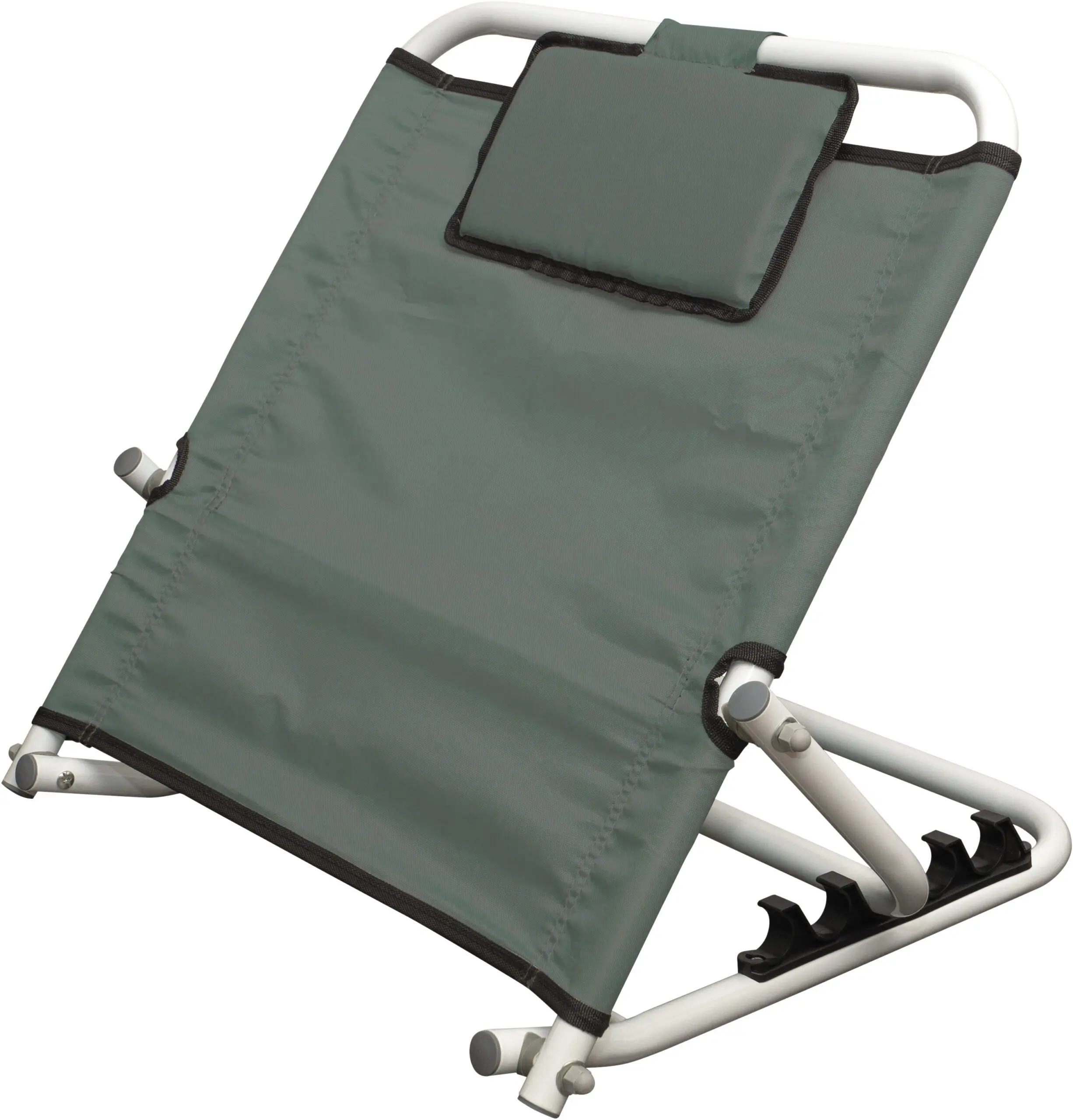 The Birling Bed Back Rest features a green fabric and white metal frame, a padded headrest, and an adjustable design for comfortable reclining support.