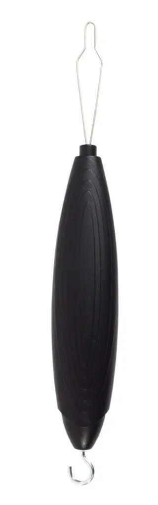 The Plastic Handle Button Hook Zip is a black plastic tool with a metal loop at the top and a metal hook at the bottom, commonly used as a needle threader for sewing machines.