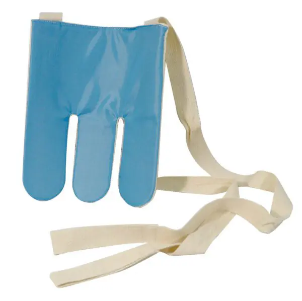 The Sock and Stocking Aid is a blue plastic device with three finger-like slots and attached beige straps, designed to assist with putting on socks.