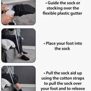 Three-step visual guide for Sock Aid: place a sock on the device, insert your foot, and pull the sock on using the straps.