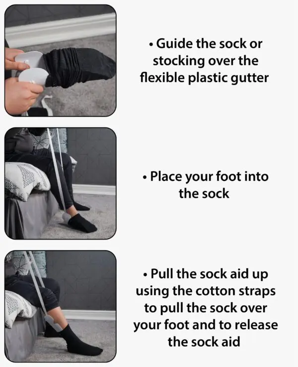 Three-step visual guide for Sock Aid: place a sock on the device, insert your foot, and pull the sock on using the straps.