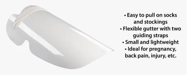 The Sock Aid, featuring a white flexible gutter and cloth strap, is displayed alongside its feature list—designed to help users easily put on socks.